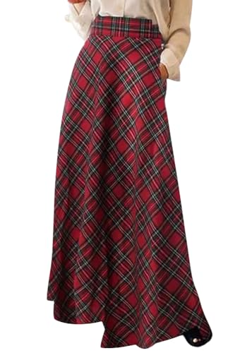 shownicer Damen Lang Rock Elegant Winterrock Plaid Warm Wollrock Hohe Taille Karierter Röcke Vintage A Linie Casual Faltenrock Maxirock A Rot M von shownicer