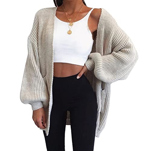 shownicer Damen Lang Strickjacke Oversize Langarm Sweater Cardigan Casual Strickmantel Herbst Outerwear mit Tasche A Beige S von shownicer