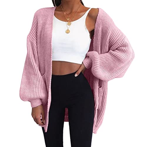 shownicer Damen Lang Strickjacke Oversize Langarm Sweater Cardigan Casual Strickmantel Herbst Outerwear mit Tasche A Rosa XL von shownicer