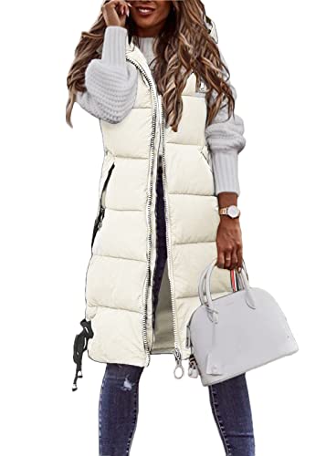 shownicer Damen Lang Weste Ärmellose Steppweste Daunenweste Kapuzenweste Lange Winteroberbekleidung Reißverschluss Mantel Outdoor Pufferweste Winter Leichte Winterweste A Beige XL von shownicer