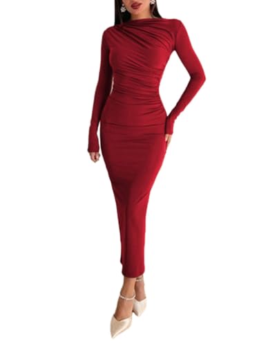 shownicer Damen Langarm Figurbetontes Maxikleid Elegant Einfarbig Bodycon Kleid Bleistiftkleid Partykleid Clubkleid Cocktailkleid A Rot XS von shownicer