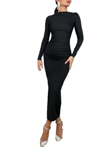 shownicer Damen Langarm Figurbetontes Maxikleid Elegant Einfarbig Bodycon Kleid Bleistiftkleid Partykleid Clubkleid Cocktailkleid A Schwarz XL von shownicer