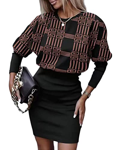 shownicer Damen Langarm Kleid Elegant Retro Lässig Mode Einfarbig Kleid Rundhals Trompetenärmel Langarm Dünnes Kleid B4 Braun L von shownicer