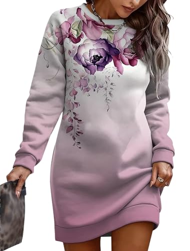 shownicer Damen Langarm Kleid Liebe Bedrucktes Kleid Lockeres Kleid mit Taschen Lässiges Modekleid Frühling Rundhals Sweatshirtkleid E Rosa M von shownicer