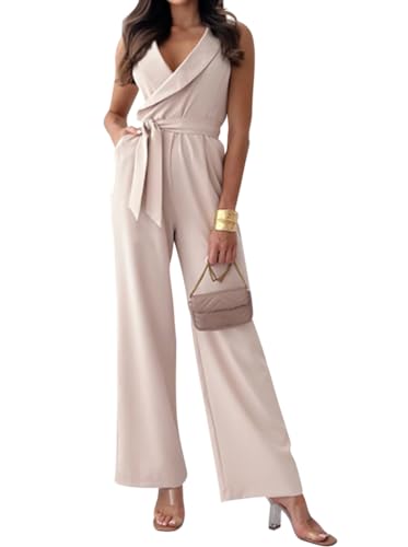 shownicer Damen Langarm O-Ausschnitt Elegant Lang Jumpsuit Overall Hosenanzug Playsuit Romper mit Gürtel Taschen B Khaki M von shownicer
