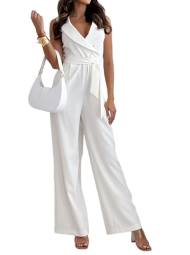 shownicer Damen Langarm O-Ausschnitt Elegant Lang Jumpsuit Overall Hosenanzug Playsuit Romper mit Gürtel Taschen B Weiß M von shownicer