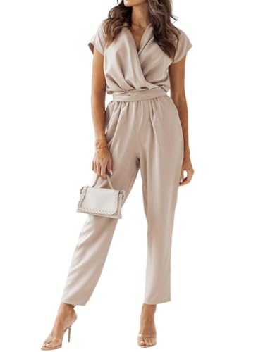 shownicer Damen Langarm O-Ausschnitt Elegant Lang Jumpsuit Overall Hosenanzug Playsuit Romper mit Gürtel Taschen C Aprikose XXL von shownicer