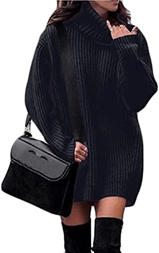 shownicer Damen Langarm PulloverKleid Damen Strickkleid Schulterfrei Rundhals Einfarbige Partykleid Warmer Pullover Kleider Elegantes Midikleid Schwarz S von shownicer
