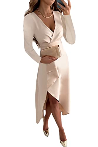 shownicer Damen Langarm V Ausschnitt Bodycon Kleid Gerafftes Tailliertes Kleid Elegant Einfarbig Schlitz A-Linie Kleid Abendkleider A Khaki L von shownicer