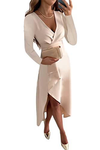 shownicer Damen Langarm V Ausschnitt Bodycon Kleid Gerafftes Tailliertes Kleid Elegant Einfarbig Schlitz A-Linie Kleid Abendkleider A Khaki M von shownicer