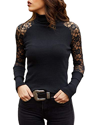 shownicer Damen Langarmshirt Bluse Elegante Rollkragen Spitze Stretch Oberteile Basic Langarm Casual Sexy Sweatshirt T-Shirt Tunika Tops A Schwarz S von shownicer