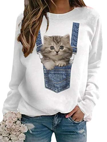 shownicer Damen Langarmshirt Katze Drucken Sweatshirt Langarm Rundhals Shirts Herbst Winter Freizeit Pulli Tops Oberteile Hemd Pullover C Weiß L von shownicer