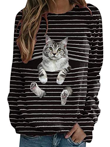 shownicer Damen Langarmshirt Mit 3D Tier Katze Gestreifte Süße Giraffe Drucken T-Shirt Bluse Rundhals Oberteile Lässig Mode Bequeme Sweatshirt Streetwear Lange Ärmel Tops A Schwarz XL von shownicer