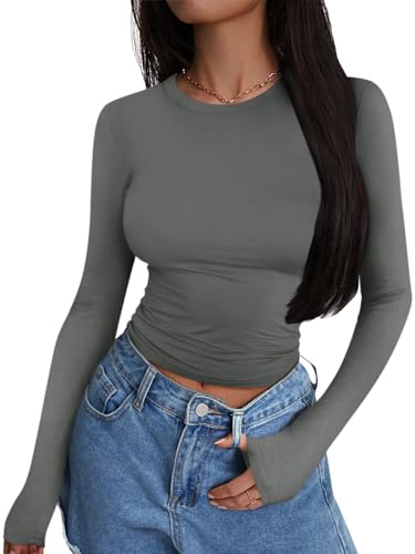 shownicer Damen Langarmshirt Slim Fit Rundhals Langarm T-Shirt Y2K Tops Oberteile Einfarbig Basic Crop Top Casual Y2K Aesthetic Clothes Streetwear Clean Girl Klamotten A Dunkelgrau S von shownicer