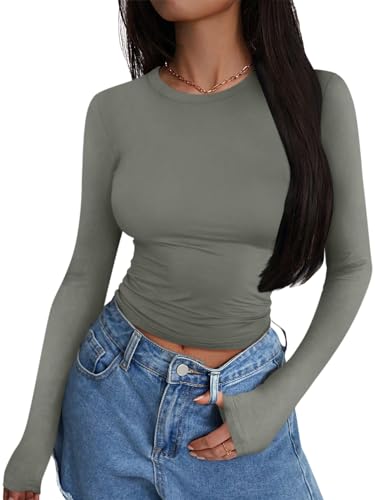 shownicer Damen Langarmshirt Slim Fit Rundhals Langarm T-Shirt Y2K Tops Oberteile Einfarbig Basic Crop Top Casual Y2K Aesthetic Clothes Streetwear Clean Girl Klamotten A Grau XS von shownicer