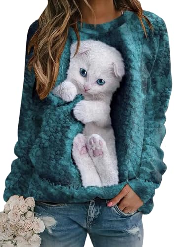 shownicer Damen Langarmshirt Süße Katze Sweatshirt 3D Druck Katzen-Muster Pullover Freizeit Rundhals Pulli Oberteile Herbst Winter A Blau M von shownicer