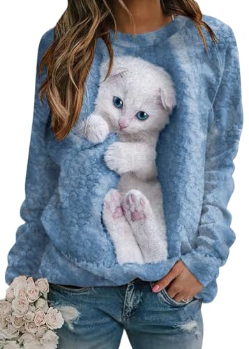 shownicer Damen Langarmshirt Süße Katze Sweatshirt 3D Druck Katzen-Muster Pullover Freizeit Rundhals Pulli Oberteile Herbst Winter A Hellblau L von shownicer