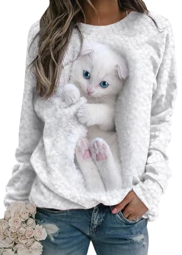 shownicer Damen Langarmshirt Süße Katze Sweatshirt 3D Druck Katzen-Muster Pullover Freizeit Rundhals Pulli Oberteile Herbst Winter A Weiß L von shownicer