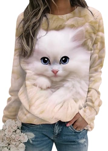 shownicer Damen Langarmshirt Süße Katze Sweatshirt 3D Druck Katzen-Muster Pullover Freizeit Rundhals Pulli Oberteile Herbst Winter B Gelb XXL von shownicer