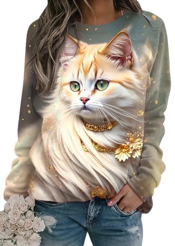 shownicer Damen Langarmshirt Süße Katze Sweatshirt 3D Druck Katzen-Muster Pullover Freizeit Rundhals Pulli Oberteile Herbst Winter B Gold XL von shownicer