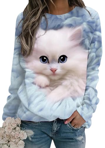 shownicer Damen Langarmshirt Süße Katze Sweatshirt 3D Druck Katzen-Muster Pullover Freizeit Rundhals Pulli Oberteile Herbst Winter B Hellblau M von shownicer