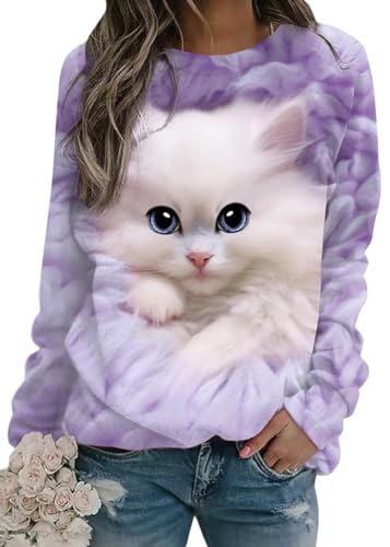 shownicer Damen Langarmshirt Süße Katze Sweatshirt 3D Druck Katzen-Muster Pullover Freizeit Rundhals Pulli Oberteile Herbst Winter B Violett XXL von shownicer