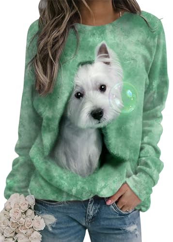 shownicer Damen Langarmshirt Süße Katze Sweatshirt 3D Druck Katzen-Muster Pullover Freizeit Rundhals Pulli Oberteile Herbst Winter C Grün L von shownicer