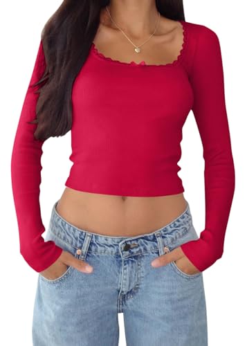 shownicer Damen Langarmshirt Y2k Tops Sexy Oberteil U-Ausschnitt Einfarbig Langarm Crop Top Aesthetic Clothes Slim Oberteile Mädchen Outfits Streetwear A Rot XS von shownicer