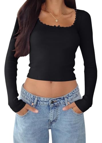 shownicer Damen Langarmshirt Y2k Tops Sexy Oberteil U-Ausschnitt Einfarbig Langarm Crop Top Aesthetic Clothes Slim Oberteile Mädchen Outfits Streetwear A Schwarz M von shownicer