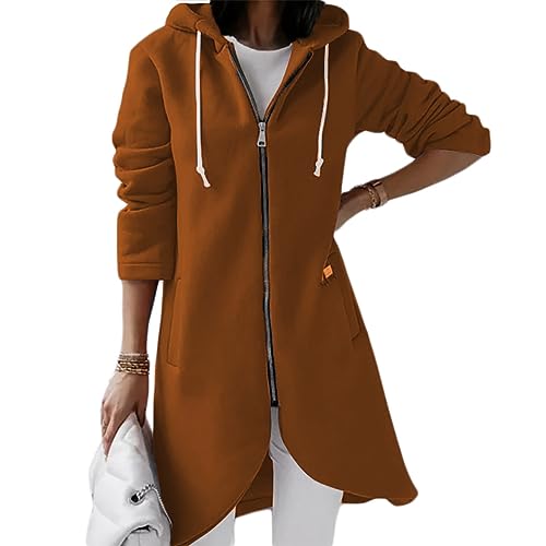 shownicer Damen Lange Hoodie Jacke Langarm Zip Cardigan Kapuzenpullover Winter Warm Lang Ubergangsmantel mit Kapuze Sweatshirtjacke Mantel mit Taschen A Braun XXL von shownicer