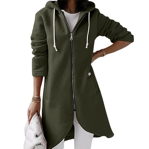 shownicer Damen Lange Hoodie Jacke Langarm Zip Cardigan Kapuzenpullover Winter Warm Lang Ubergangsmantel mit Kapuze Sweatshirtjacke Mantel mit Taschen A Dunkelgrün XL von shownicer