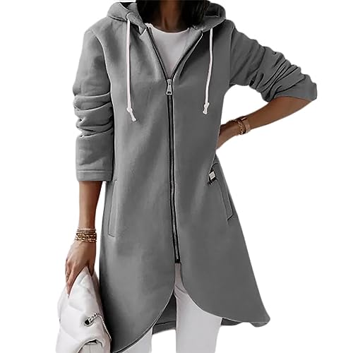 shownicer Damen Lange Hoodie Jacke Langarm Zip Cardigan Kapuzenpullover Winter Warm Lang Ubergangsmantel mit Kapuze Sweatshirtjacke Mantel mit Taschen A Grau XL von shownicer