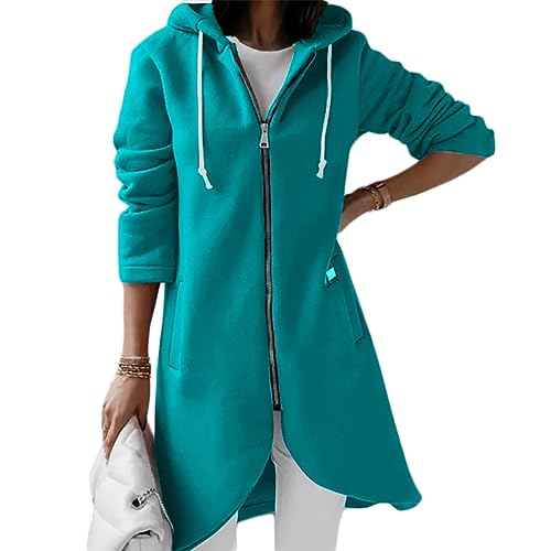 shownicer Damen Lange Hoodie Jacke Langarm Zip Cardigan Kapuzenpullover Winter Warm Lang Ubergangsmantel mit Kapuze Sweatshirtjacke Mantel mit Taschen A Grün L von shownicer