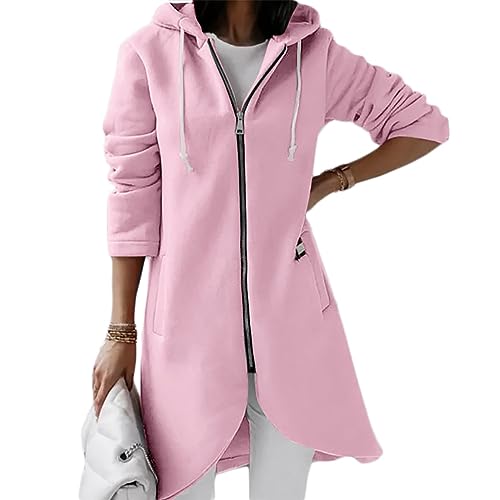 shownicer Damen Lange Hoodie Jacke Langarm Zip Cardigan Kapuzenpullover Winter Warm Lang Ubergangsmantel mit Kapuze Sweatshirtjacke Mantel mit Taschen A Rosa XL von shownicer