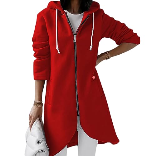 shownicer Damen Lange Hoodie Jacke Langarm Zip Cardigan Kapuzenpullover Winter Warm Lang Ubergangsmantel mit Kapuze Sweatshirtjacke Mantel mit Taschen A Rot XXL von shownicer