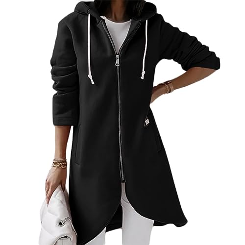 shownicer Damen Lange Hoodie Jacke Langarm Zip Cardigan Kapuzenpullover Winter Warm Lang Ubergangsmantel mit Kapuze Sweatshirtjacke Mantel mit Taschen A Schwarz 3XL von shownicer