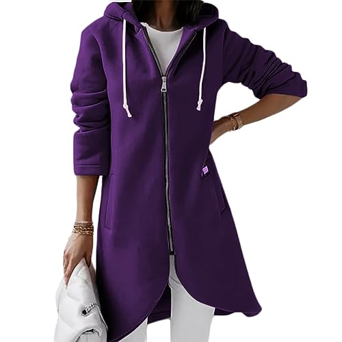 shownicer Damen Lange Hoodie Jacke Langarm Zip Cardigan Kapuzenpullover Winter Warm Lang Ubergangsmantel mit Kapuze Sweatshirtjacke Mantel mit Taschen A Violett XL von shownicer