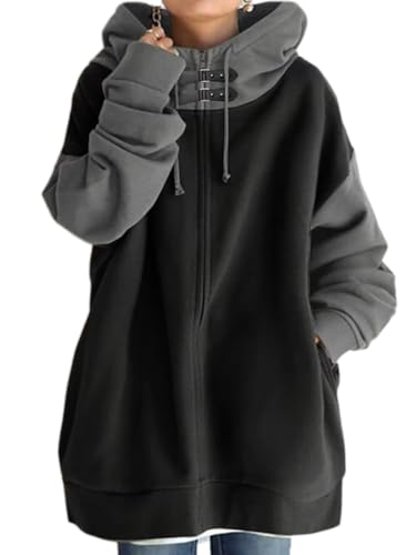 shownicer Damen Lange Hoodie Jacke Langarm Zip Cardigan Kapuzenpullover Winter Warm Lang Ubergangsmantel mit Kapuze Sweatshirtjacke Mantel mit Taschen B Schwarz XL von shownicer
