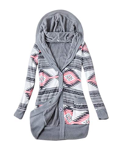 shownicer Damen Lange Mäntel mit Kapuze Drucken Gestrickt Winterjacke Warm Plüsch Gefüttert Knopf Strickjacke Outwear Mäntel Kapuzenpullover Kapuzenjacke Hell Pink XS von shownicer