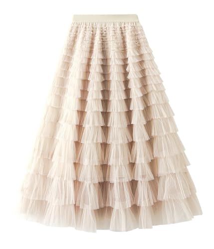 shownicer Damen Lange Stufenröcke Elastische Taille Tüllröcke Mehrschichtige Faltenröcke Mesh Tutu Röcke Puffy Maxi Röcke A Hellaprikose M von shownicer