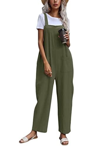 shownicer Damen Latzhose Elegant Jumpsuit mit Träger Retro Einfarbig Overalls Playsuit Leinen Casual Loose Sommerhose Lange Breites Bein mit Tasche Z1 Grün M von shownicer