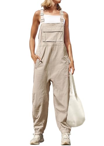 shownicer Damen Latzhose Sommer Baggy Jumpsuit Ärmelloser Overall Baumwolle Leinen Loose Bib Pants Einfarbig Arbeitshose Trägerhose Strampler Mit Taschen A Beige S von shownicer