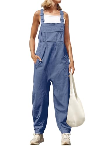 shownicer Damen Latzhose Sommer Baggy Jumpsuit Ärmelloser Overall Baumwolle Leinen Loose Bib Pants Einfarbig Arbeitshose Trägerhose Strampler Mit Taschen A Blau M von shownicer