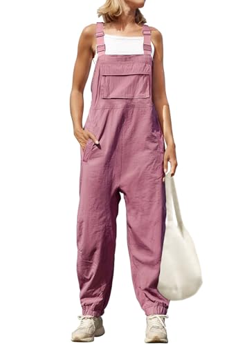 shownicer Damen Latzhose Sommer Baggy Jumpsuit Ärmelloser Overall Baumwolle Leinen Loose Bib Pants Einfarbig Arbeitshose Trägerhose Strampler Mit Taschen A Rosa XXL von shownicer