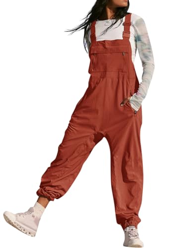 shownicer Damen Latzhose Sommer Baggy Jumpsuit Ärmelloser Overall Baumwolle Leinen Loose Bib Pants Einfarbig Arbeitshose Trägerhose Strampler Mit Taschen B Rot S von shownicer