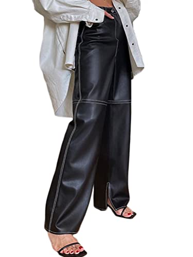 shownicer Damen Lederhose Baggy Stretch PU Leder Schwarz Hose Kunstlederhose Vintage Y2K Hoher Taille Straight Freizeithose Teenager Mädchen 90er E-Girl Streetwear mit Weitem Bein E Schwarz L von shownicer