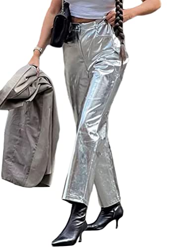 shownicer Damen Lederhose Baggy Stretch PU Leder Schwarz Hose Kunstlederhose Vintage Y2K Hoher Taille Straight Freizeithose Teenager Mädchen 90er E-Girl Streetwear mit Weitem Bein K Silber L von shownicer