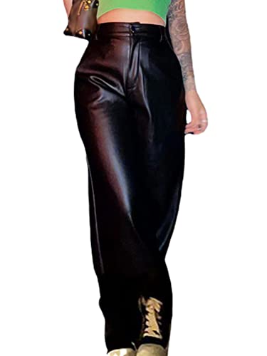 shownicer Damen Lederhose Baggy Stretch PU Leder Schwarz Hose Kunstlederhose Vintage Y2K Hoher Taille Straight Freizeithose Teenager Mädchen 90er E-Girl Streetwear mit Weitem Bein R Schwarz M von shownicer