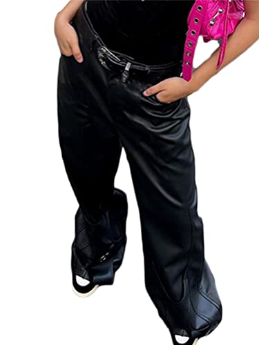 shownicer Damen Lederhose Baggy Stretch PU Leder Schwarz Hose Kunstlederhose Vintage Y2K Hoher Taille Straight Freizeithose Teenager Mädchen 90er E-Girl Streetwear mit Weitem Bein X1 Schwarz M von shownicer