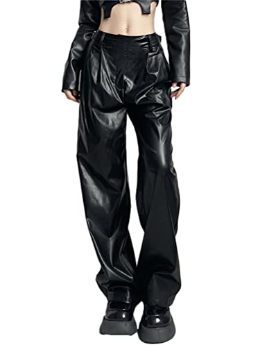 shownicer Damen Lederhose Baggy Stretch PU Leder Schwarz Hose Kunstlederhose Vintage Y2K Hoher Taille Straight Freizeithose Teenager Mädchen 90er E-Girl Streetwear mit Weitem Bein X2 Schwarz M von shownicer